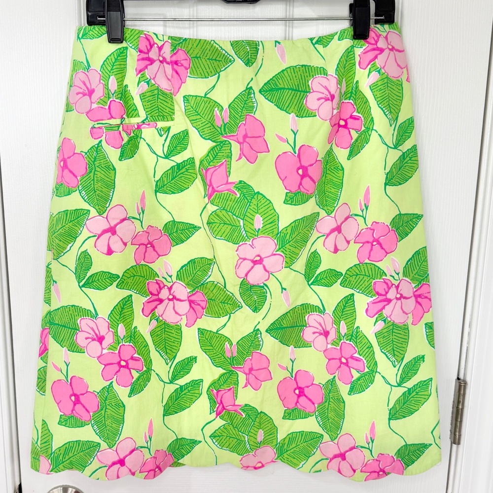 Vintage Lilly Pulitzer Pistachio Green Mandevilla Print Skirt Scalloped Hem 12